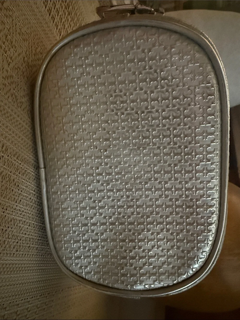 Tory Burch Silver Embossed Oval Cosmetic Case